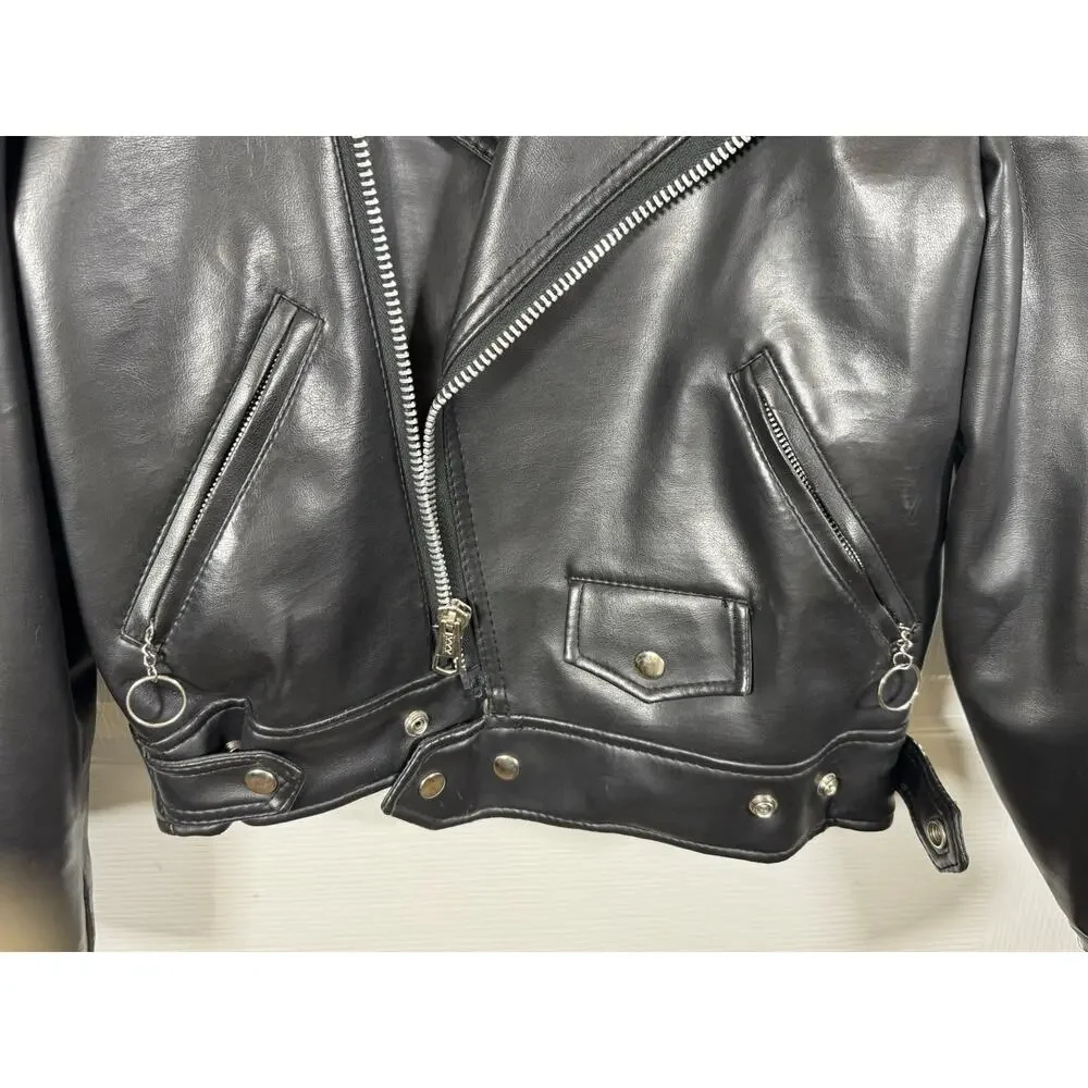 Vintage VIP Collection Kids Black Vinyl Moto Biker Jacket Size 14